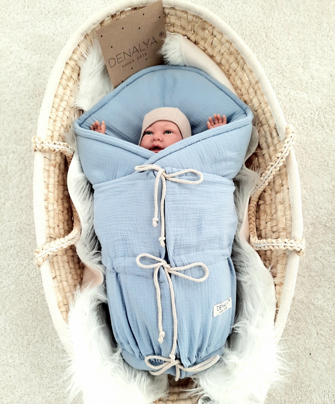 Mušelínová zavinovačka s viazaním – modrá