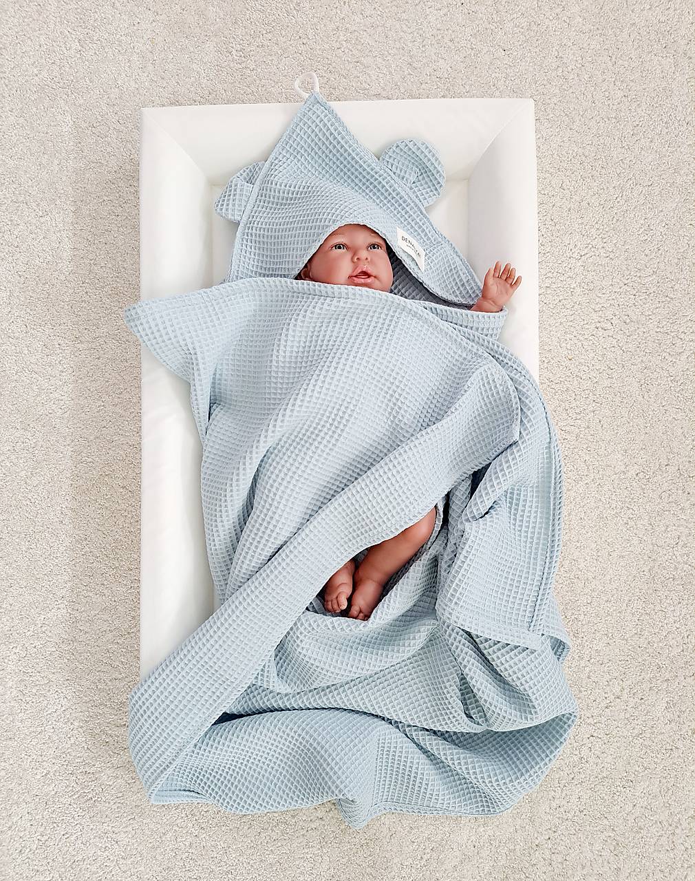 Vaflová osuška s kapucňou pre deti – modrá